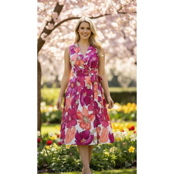 Kasper Pink Floral Dress Womens 14 Sleeveless Belted Fit & Flare Midi V-Neck - Picture 1 of 7